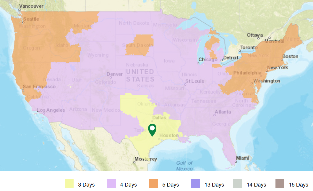 USPS Ground Advantage transit time map